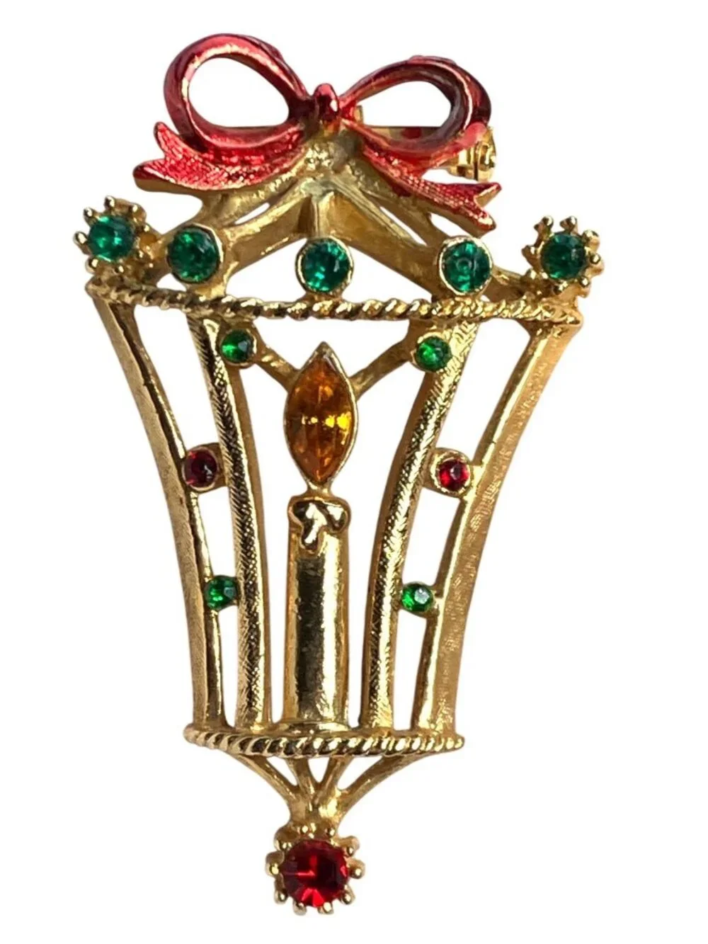 Gold-Tone Christmas Candle Lantern Brooch Pin Signed B.J. Vintage